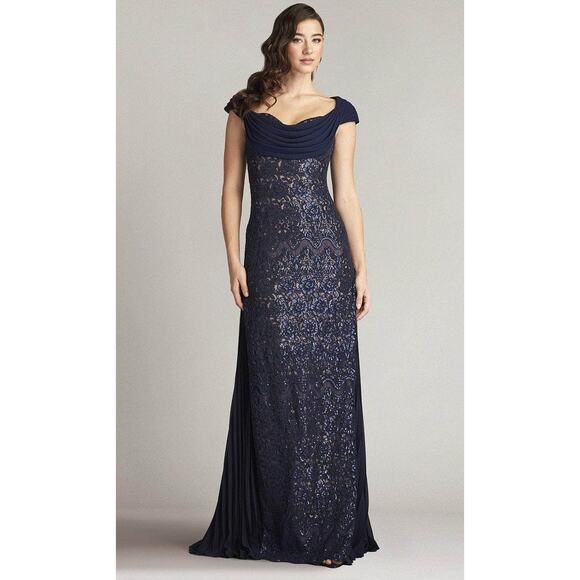 Tadashi Shoji Navy Off The Shoulder Embroidered Evening Gown NWT - Picture 1 of 7